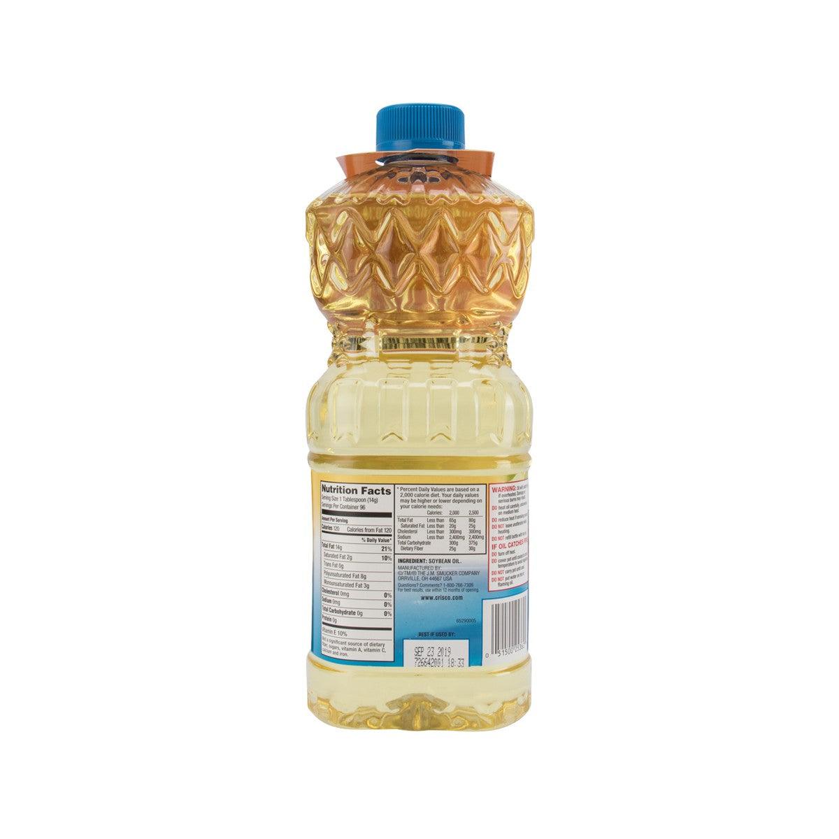 CRISCO Pure Vegetable Oil bottle, 1.18L, blue cap, back label.