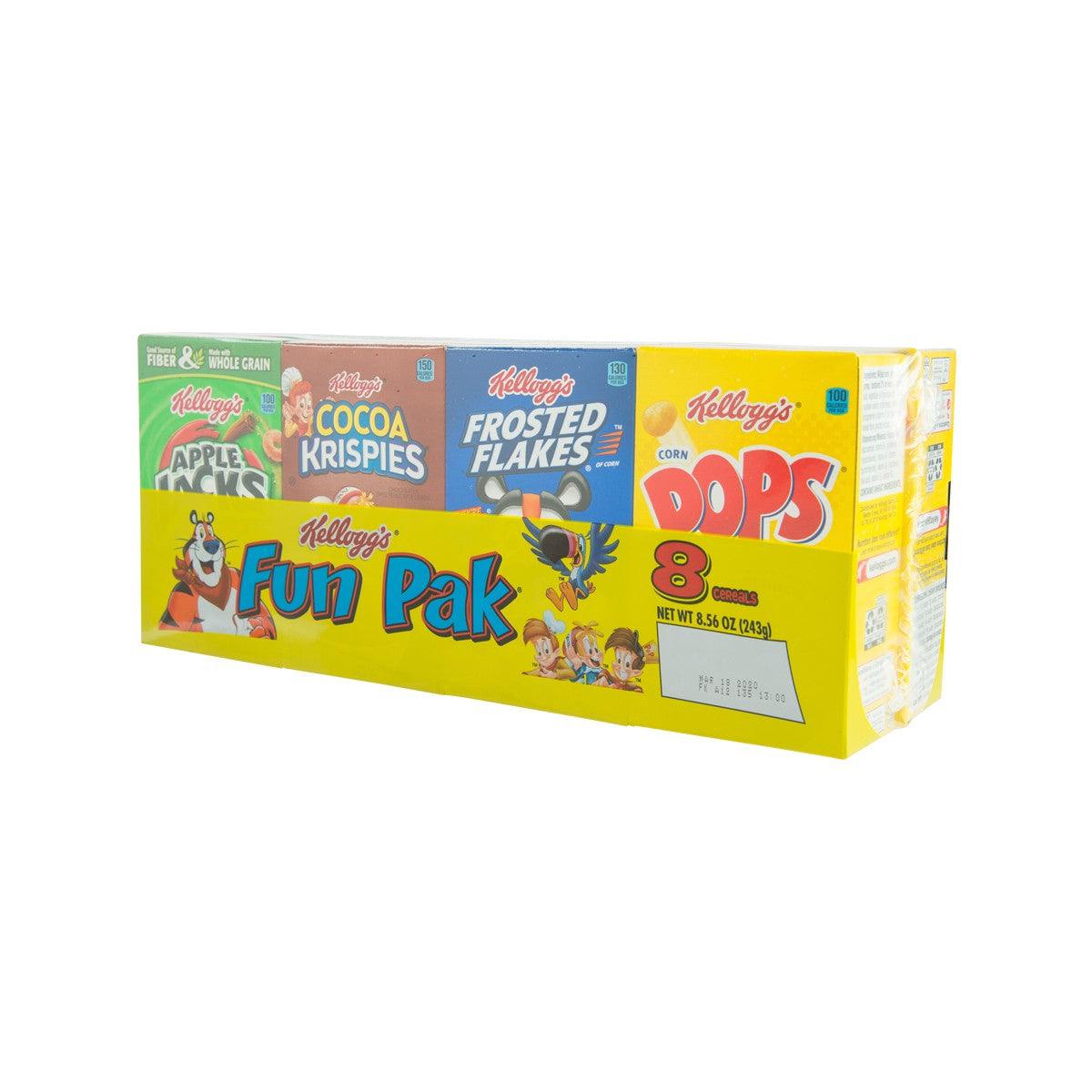 Kellogg's Fun Pak cereal variety box side view with 8 bite-size snacks