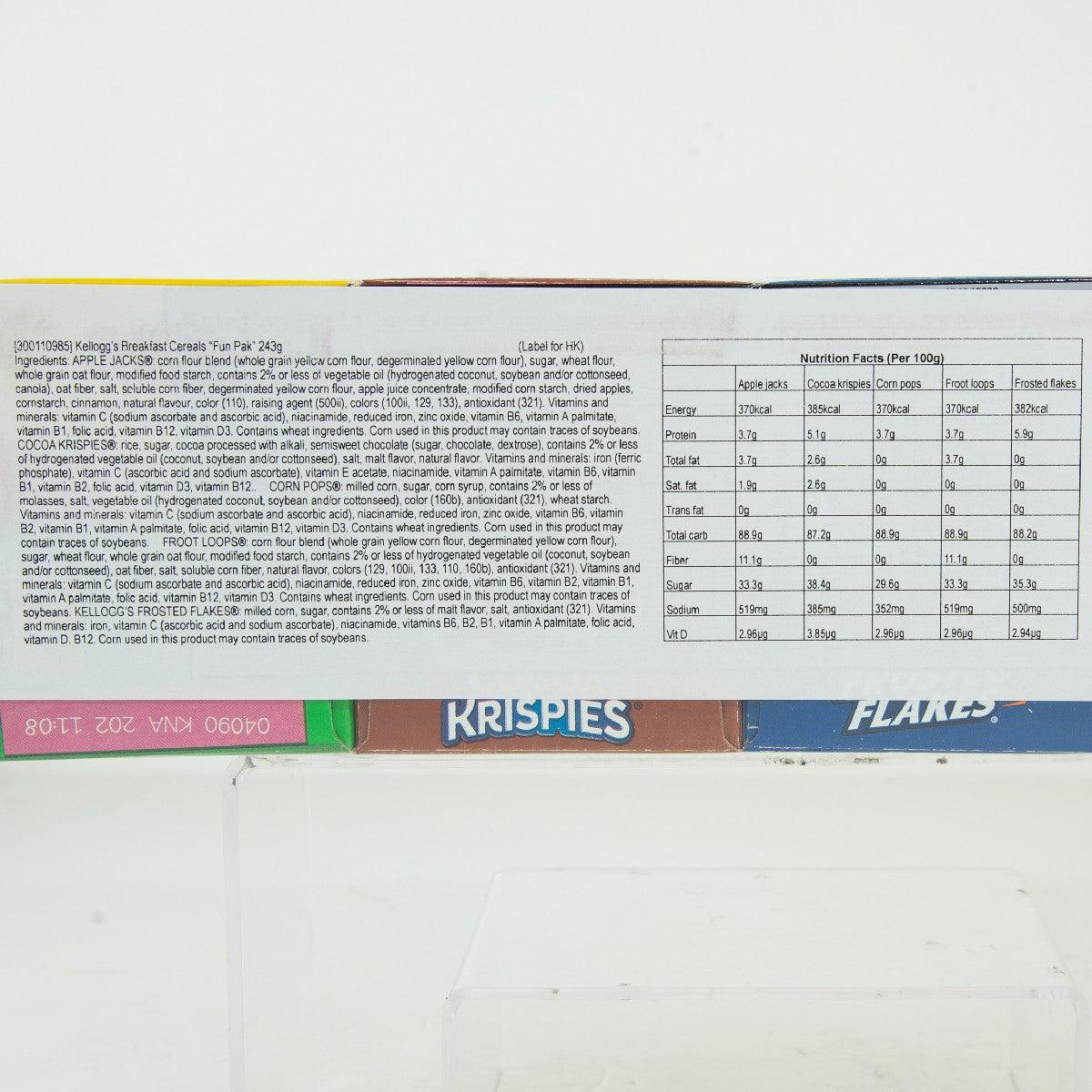 Kellogg's Fun Pak nutrition facts panel with ingredient and table text close-up
