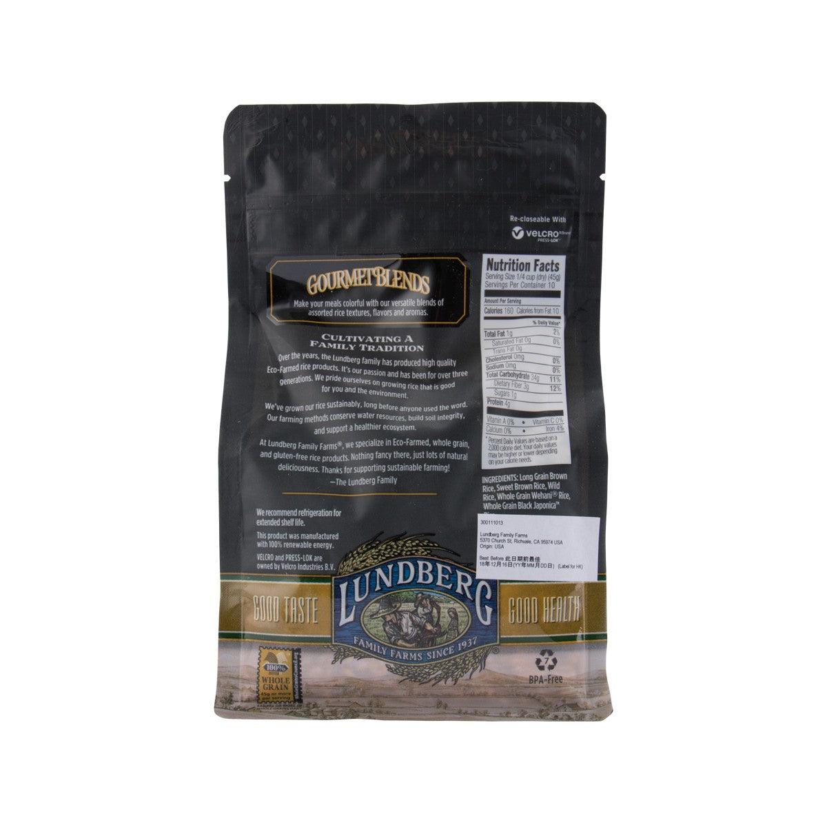 LUNDBERG Wild Blend rice pouch back, nutrition facts and ingredients panel