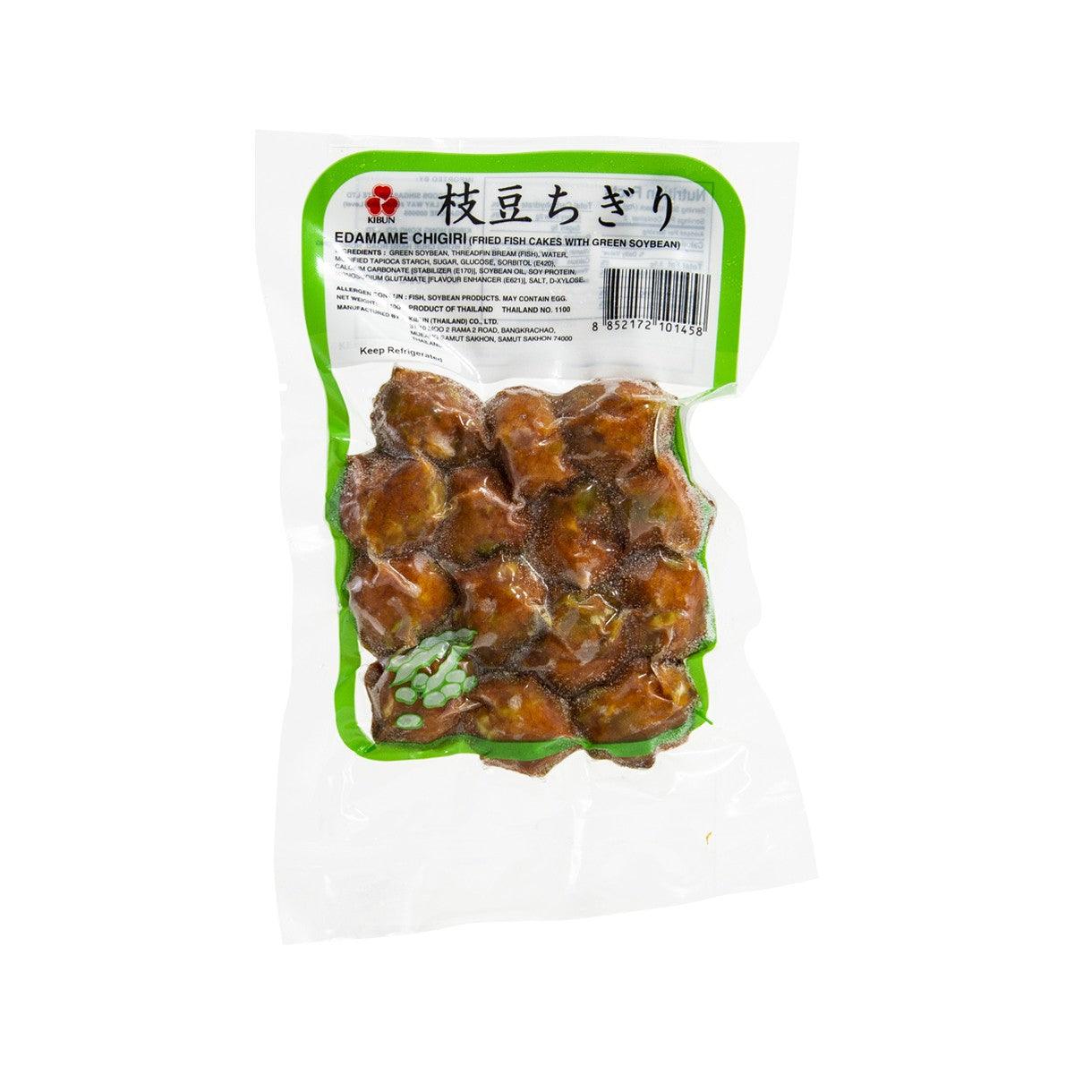 Fried fish cake pack with green edamame soybeans, sealed in clear plastic pouch