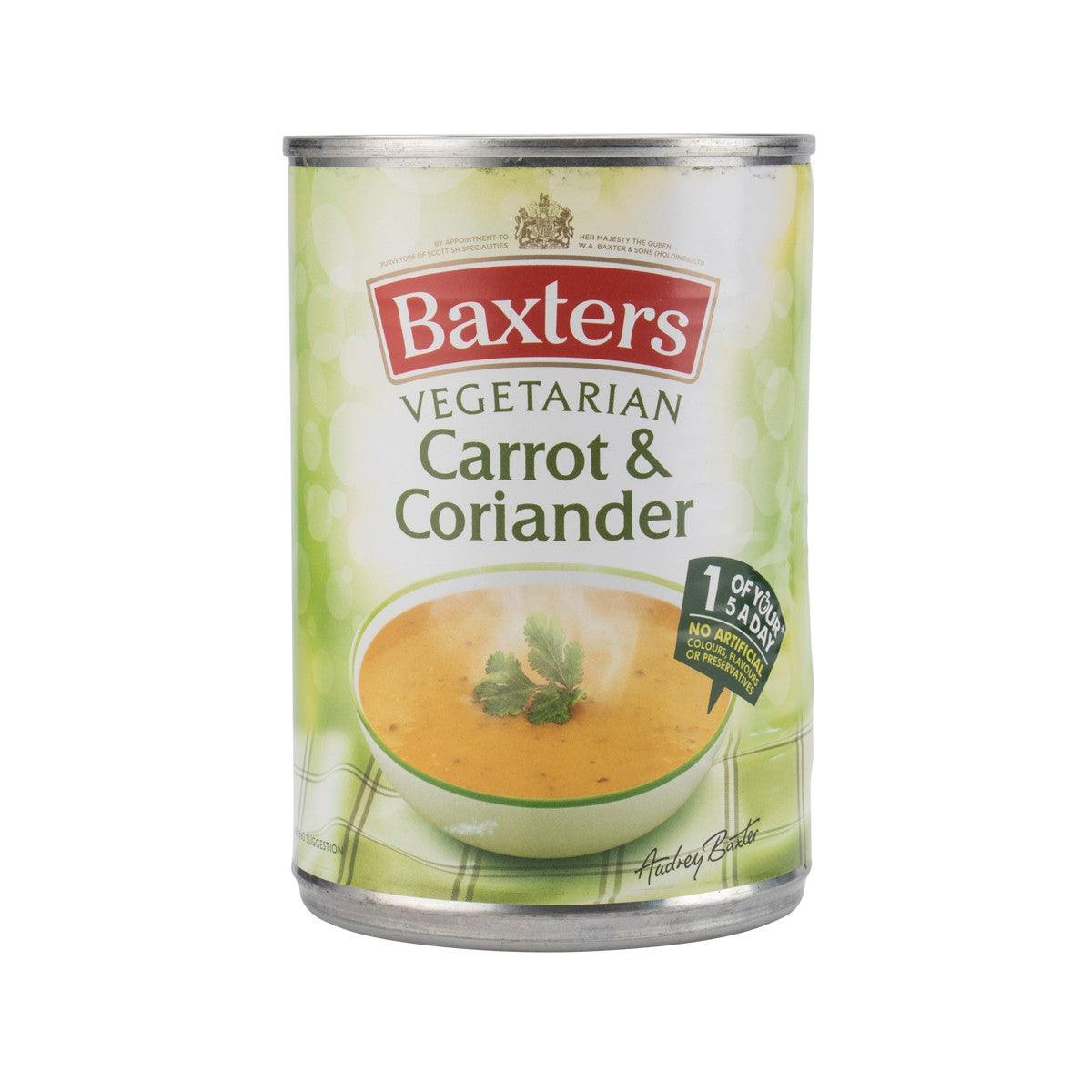 Baxters vegetarian carrot & coriander soup can, 400g front label