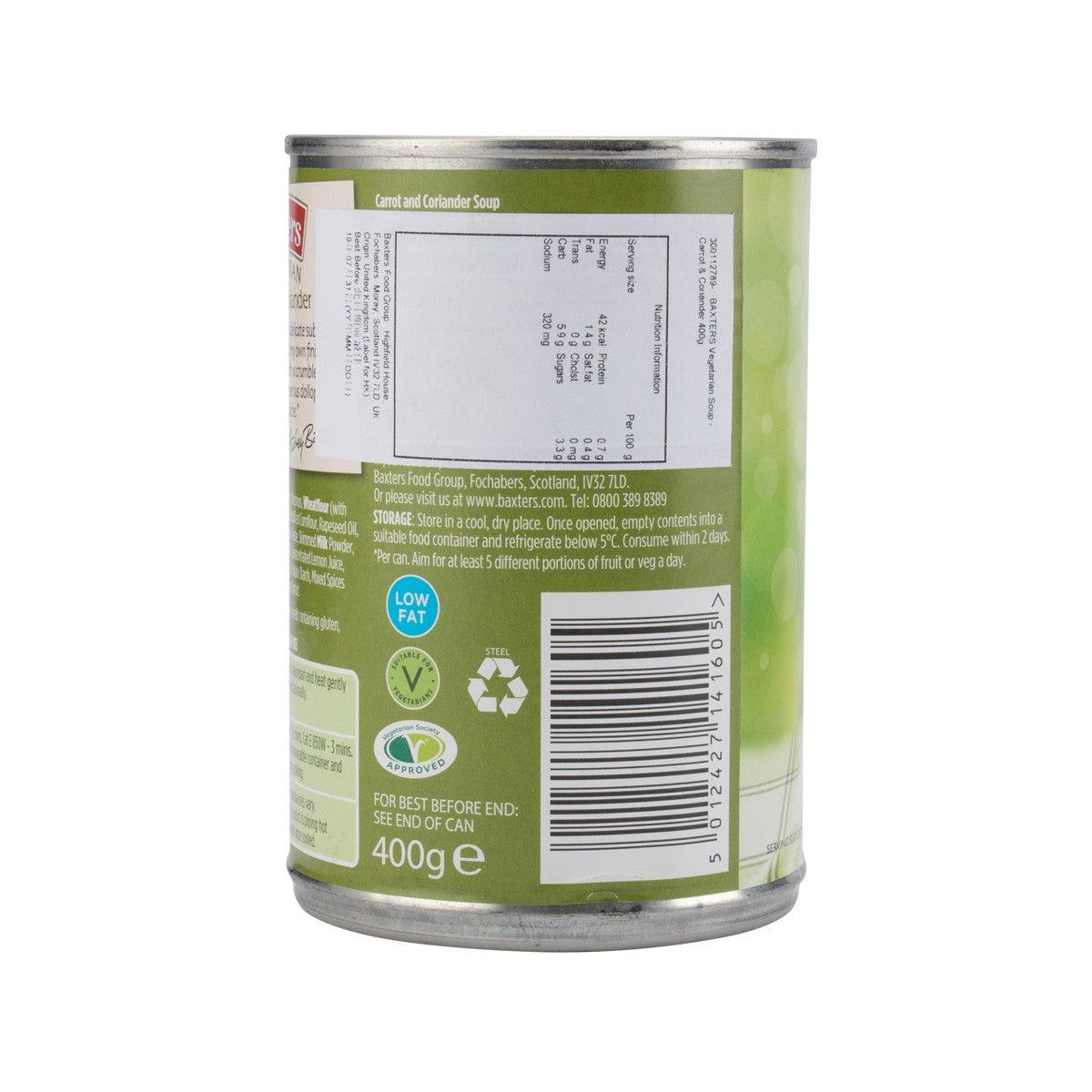 Baxters vegetarian carrot & coriander soup can, back label with nutrition panel
