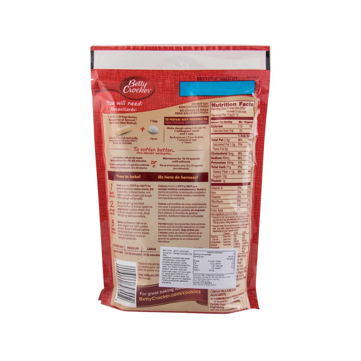 Oatmeal chocolate chip cookie mix pouch, Betty Crocker back nutrition label