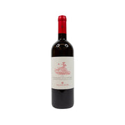 Wine bottle with dark glass, red foil cap, and cream label with pink artwork