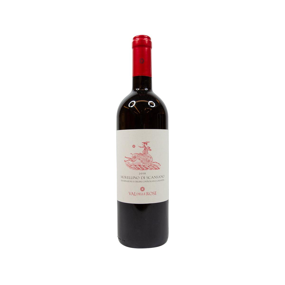 Wine bottle with dark glass, red foil cap, and cream label with pink artwork