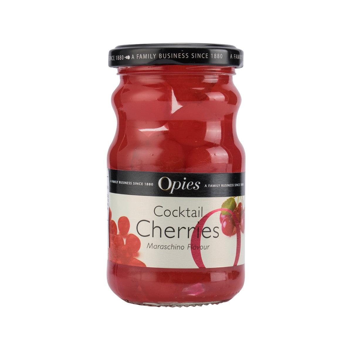 OPIES cocktail cherries jar with red cherries and front label