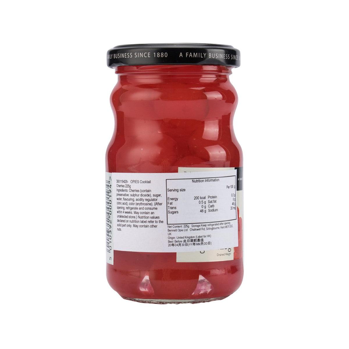 OPIES cocktail cherries jar with back nutrition and ingredient label