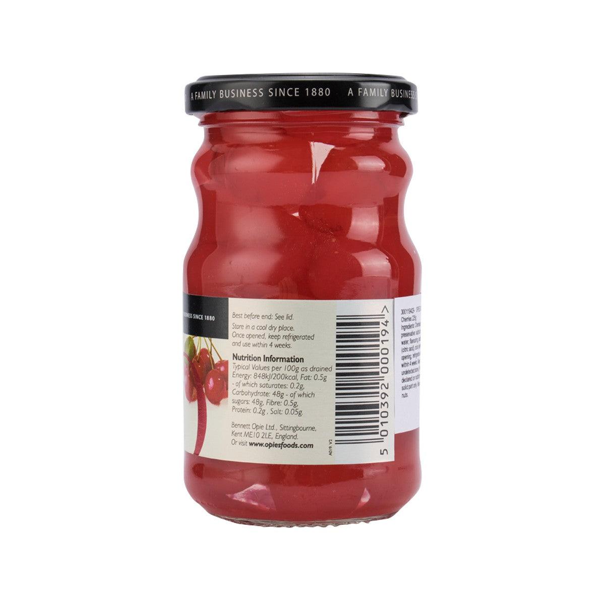 OPIES cocktail cherries jar with nutrition information label on the back