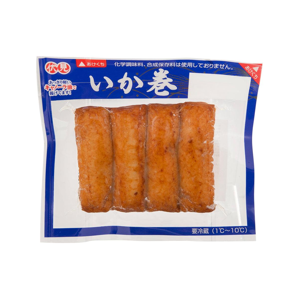 Deep-fried squid roll (4pcs) in retail package, golden-brown slices