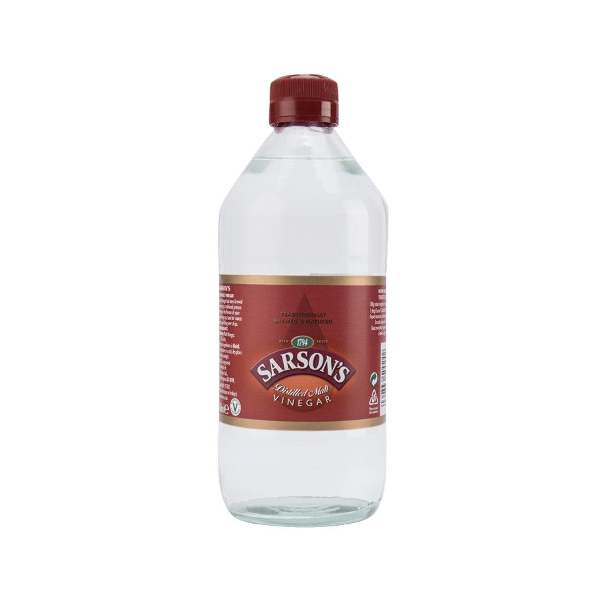 SARSON'S distilled malt vinegar bottle, maroon cap, front label, 568 mL