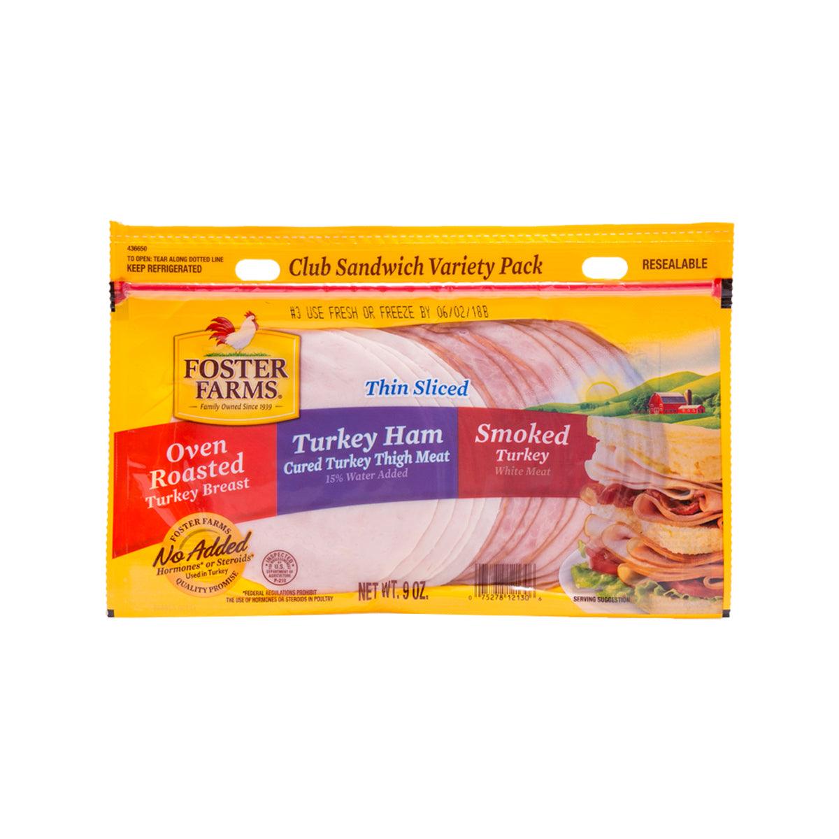 Foster Farms club sandwich variety pack for turkey, thin sliced ham and smoked turkey