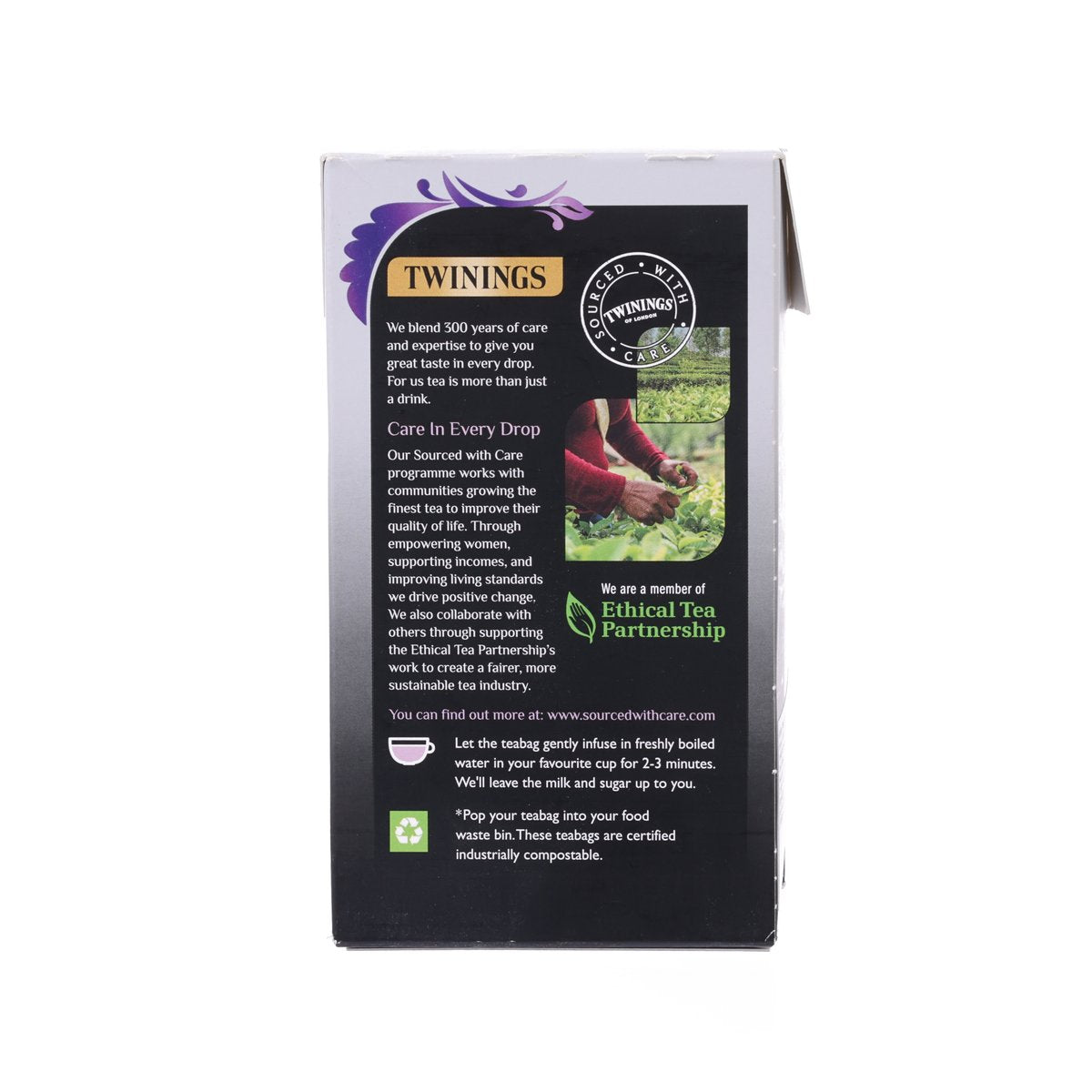 Twinnings Earl Grey tea bags box back panel with brewing directions and details