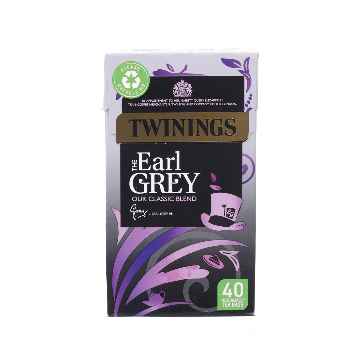 Twinnings Earl Grey plant-based tea bags box, 40-count, purple and black design