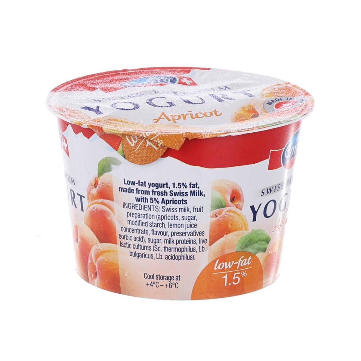EMMI Swiss apricot low-fat yogurt cup, back label view, sealed lid