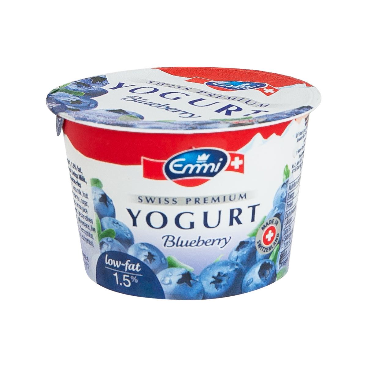 EMMI low-fat blueberry yogurt cup with white, red, and blue label and foil lid