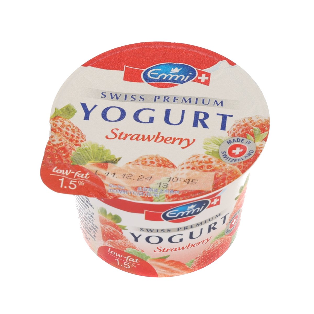 EMMI Swiss yogurt cup with strawberry label and low-fat 1.5% on the lid