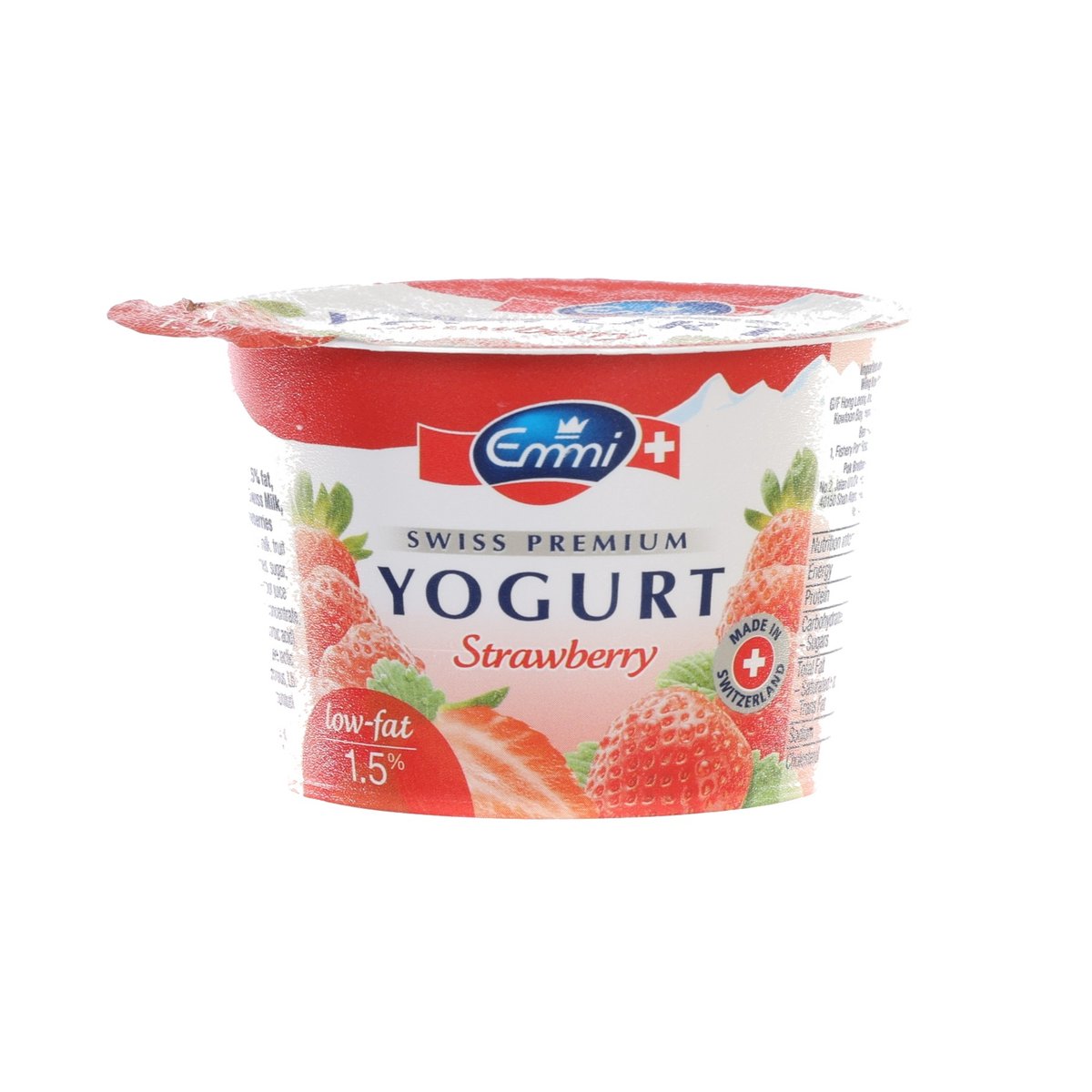 EMMI strawberry low-fat yogurt cup front view with strawberry fruit graphics