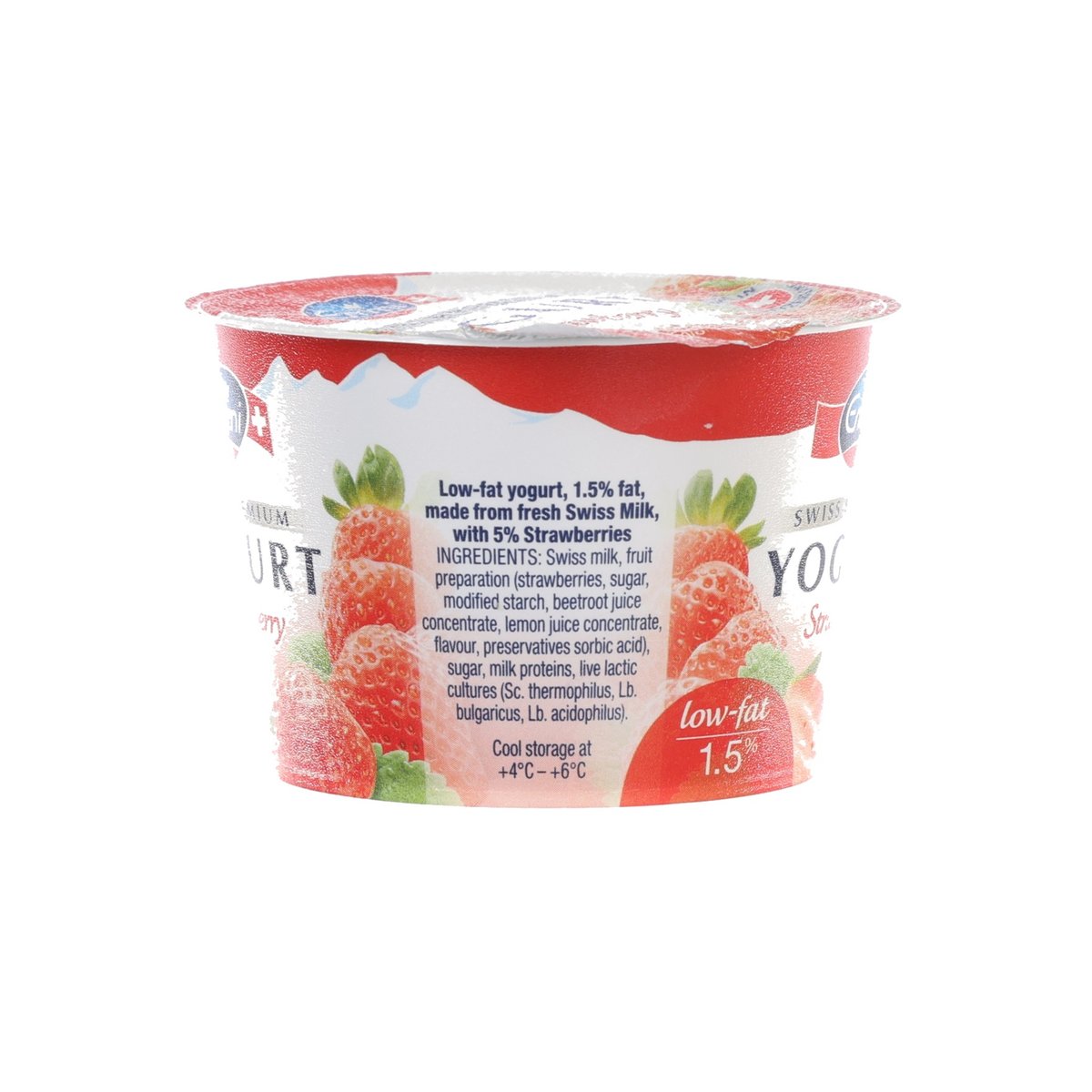 EMMI strawberry low-fat yogurt cup back with nutrition and ingredients text