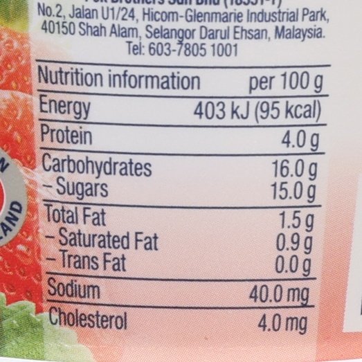 Nutrition information panel for strawberry low-fat yogurt per 100 g