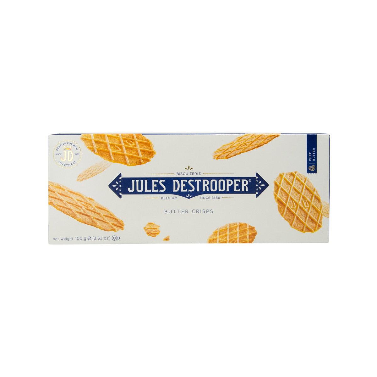 JULES DESTROOPER butter crisps 100g box with waffle cookie graphic