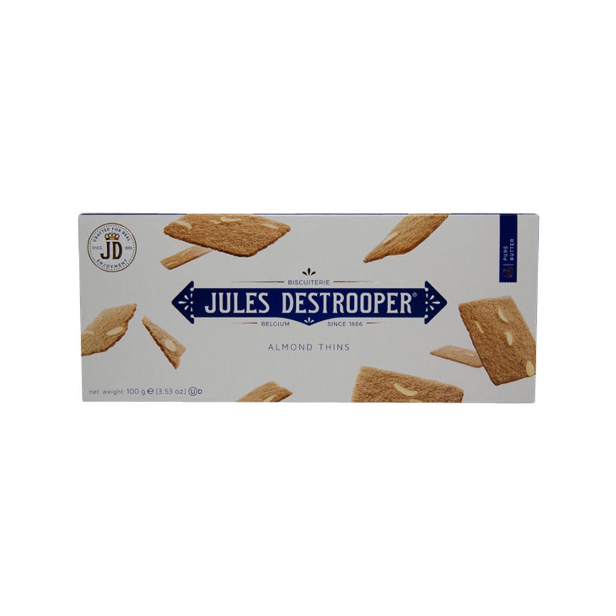 JULES DESTROOPER Almond Thins cookie box, 100g, with almond crisp crackers design