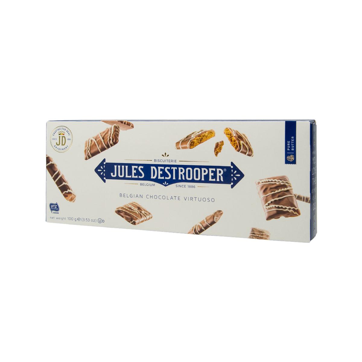 JULES DESTROOPER Belgian Chocolate Virtuoso chocolate biscuit box, side view