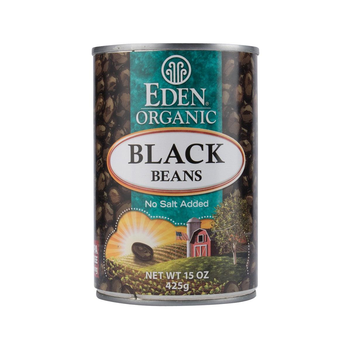 Organic black bean can, front label with Eden brand and net wt 425g