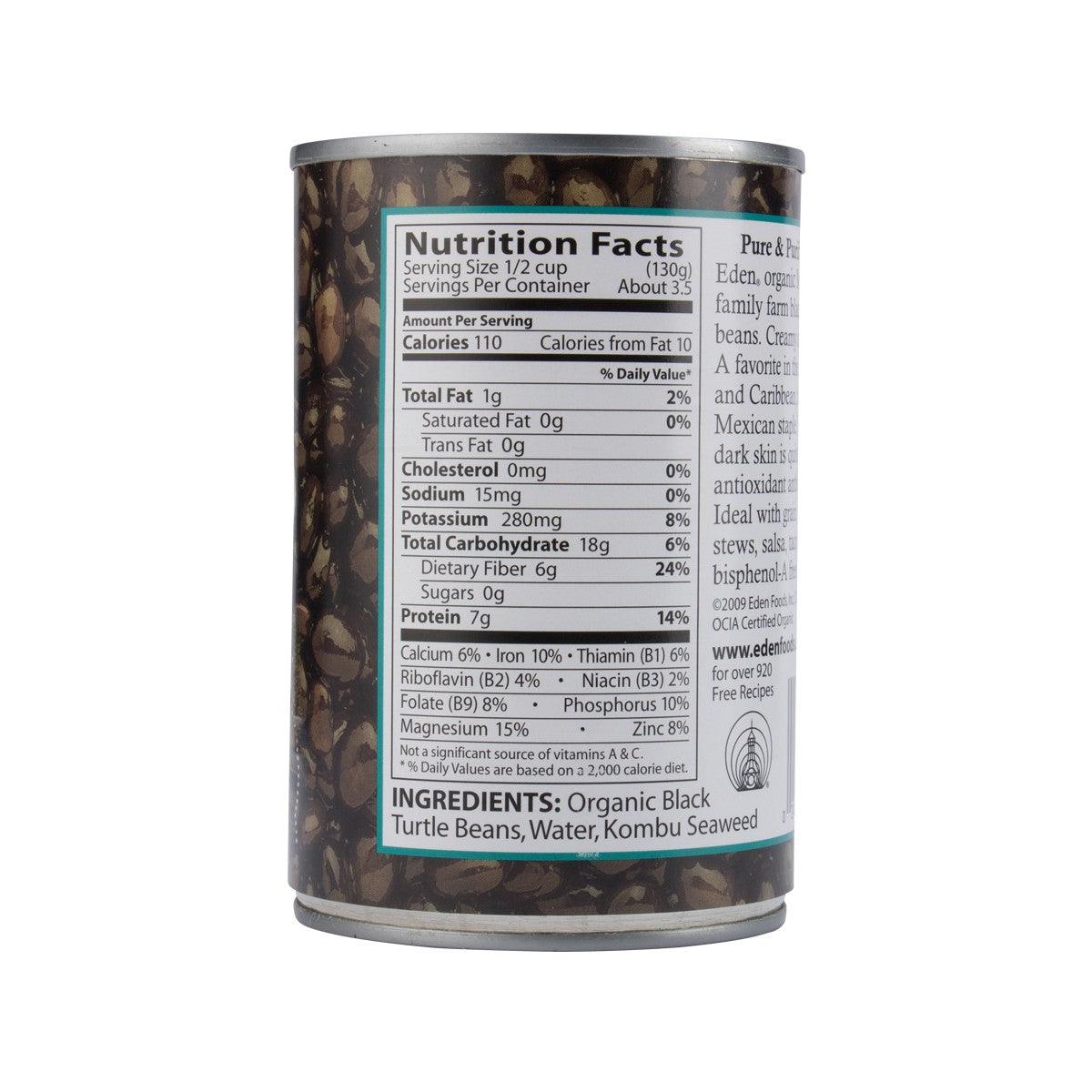 Organic black beans can, nutrition facts and ingredients panel on back label