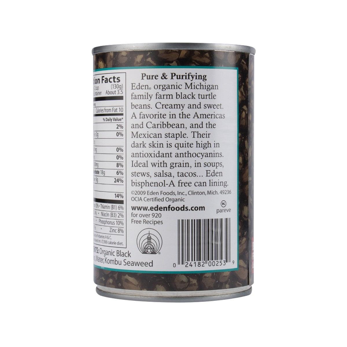 Organic black beans can, back label text with barcode and ingredient details
