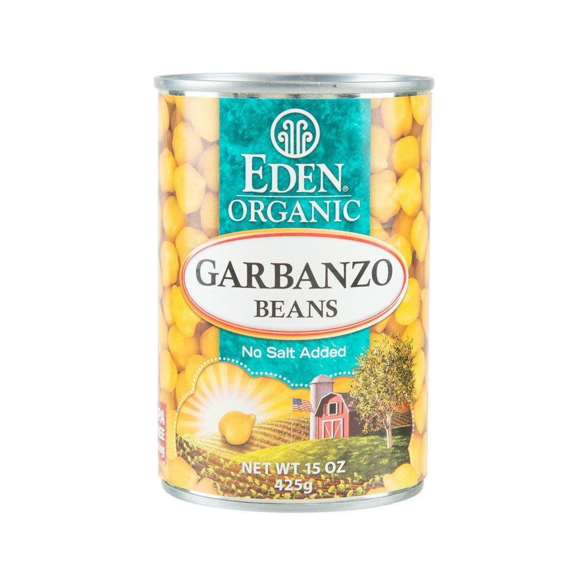 Organic garbanzo beans can, 425 g, no salt added, Eden Organic label