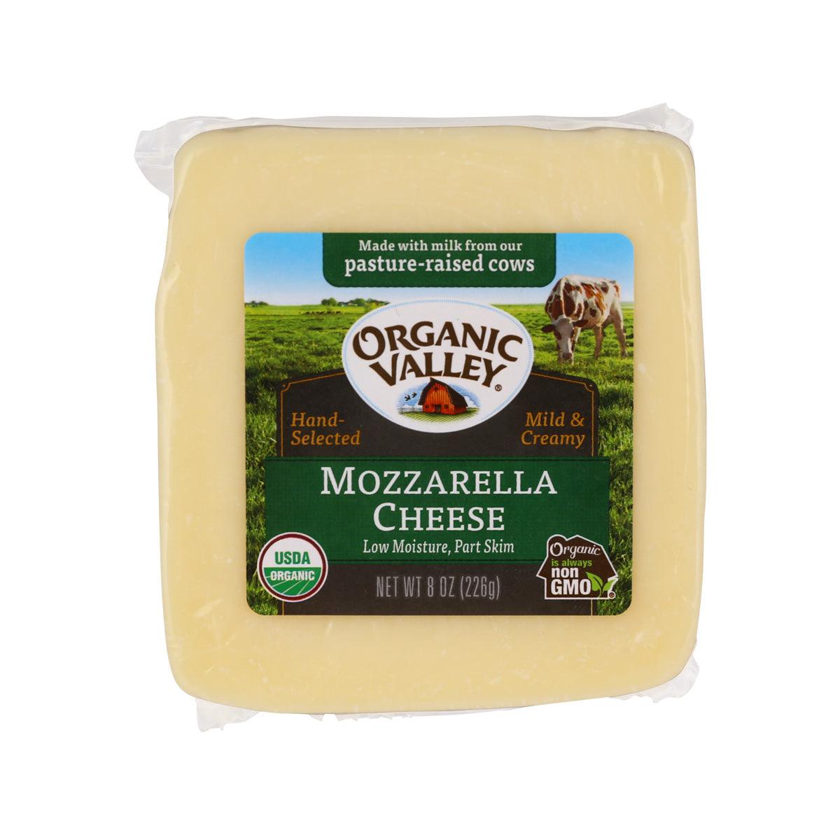 Organic Valley mozzarella cheese block in plastic wrap, mild creamy, 226 g