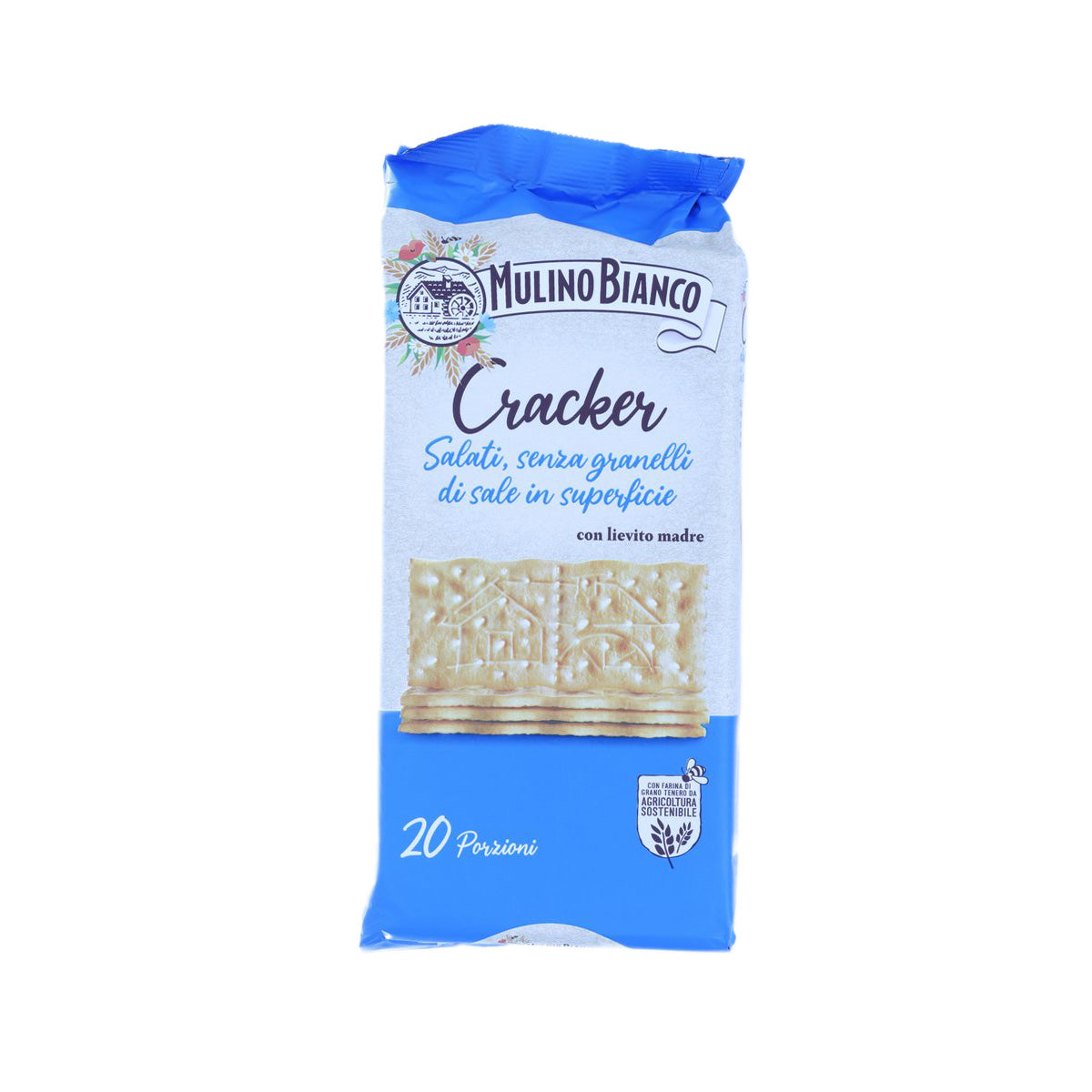 MULINO BIANCO unsalted crackers bag, flat surface crackers in sealed blue pouch