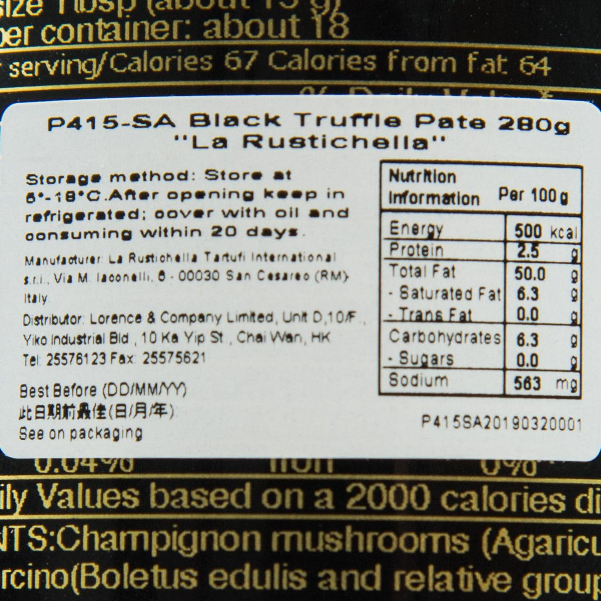 Black truffle pate jar label close-up with nutrition and storage info