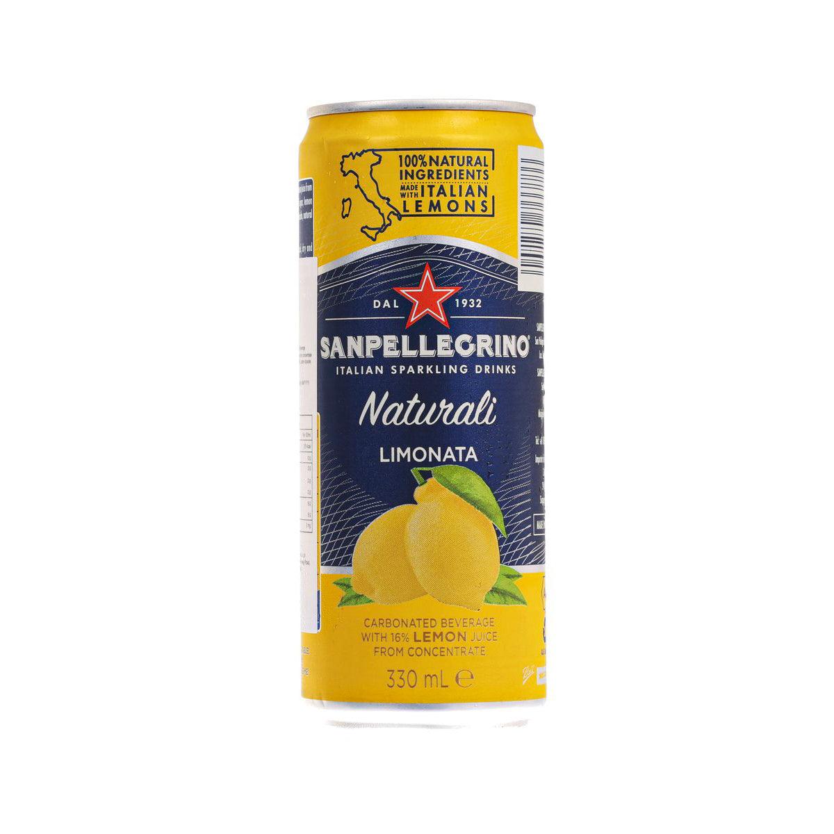 Sparkling limonata beverage can, 330 mL with lemon graphics and back label details