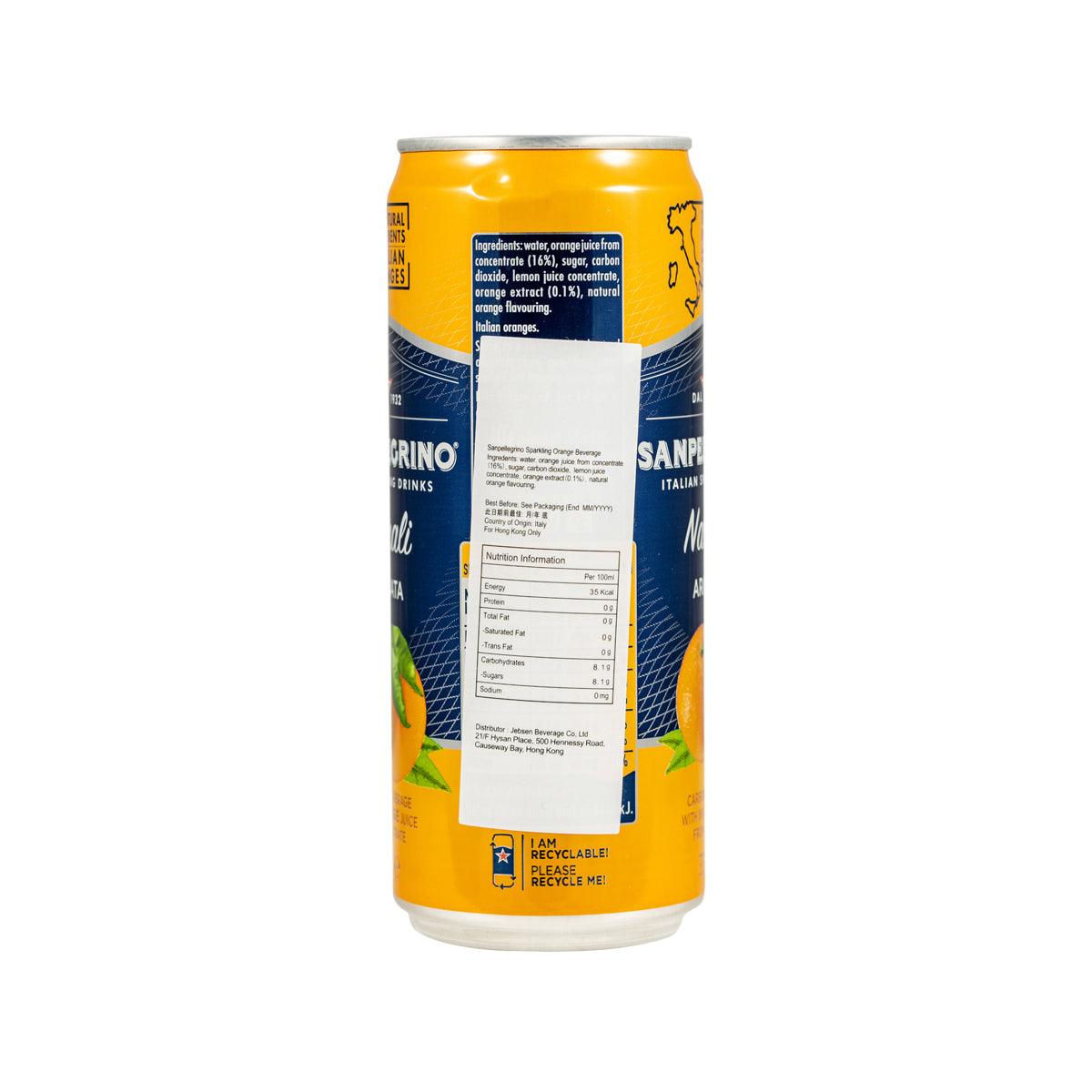 SAN PELLEGRINO Naturali Aranciata beverage can side with ingredient and nutrition text