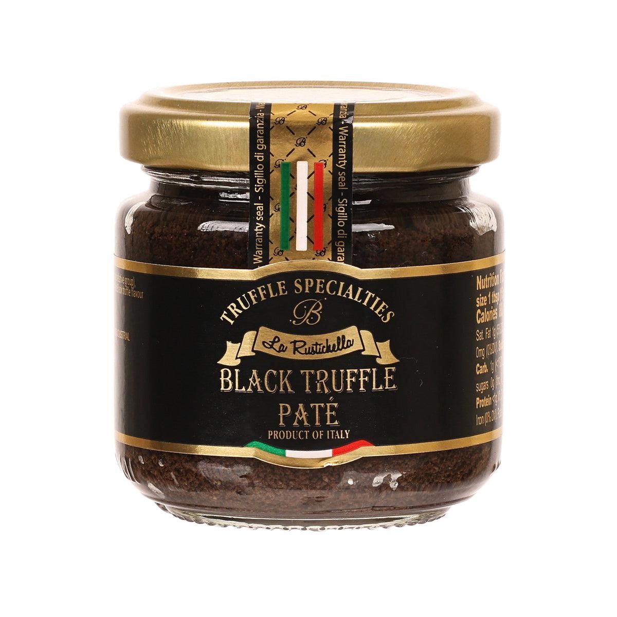 Black truffle pate jar with gold lid and front label, 90g
