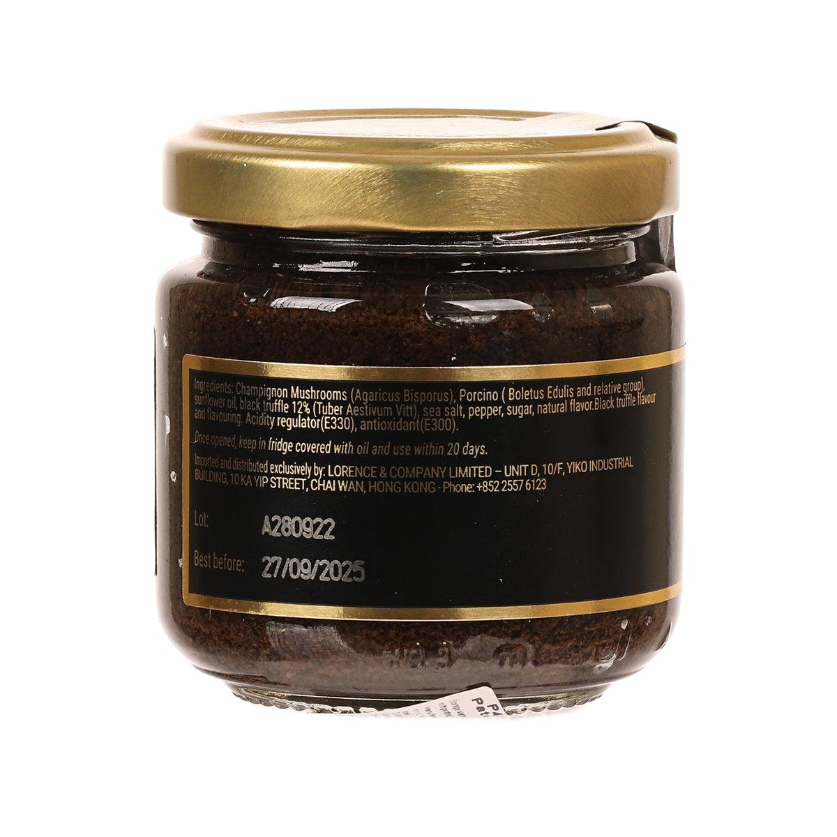Black truffle pate jar back label with ingredients text and dates, 3.2 oz (90g)