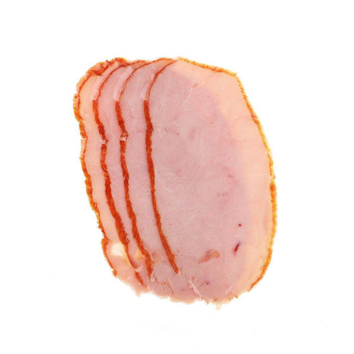 Smoked turkey breast deli slice, pink meat with orange-brown smoked edges