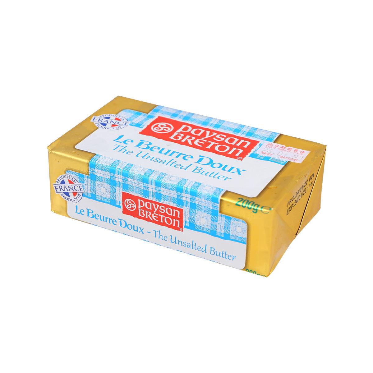 Unsalted butter block, gold wrapper with blue PAYSAN BRETON label, 200g