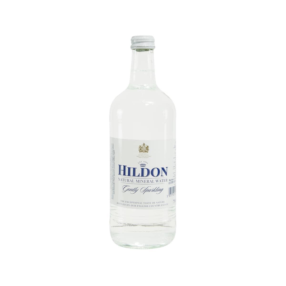 HILDON carbonated natural mineral water bottle, 750 mL, clear glass with cap