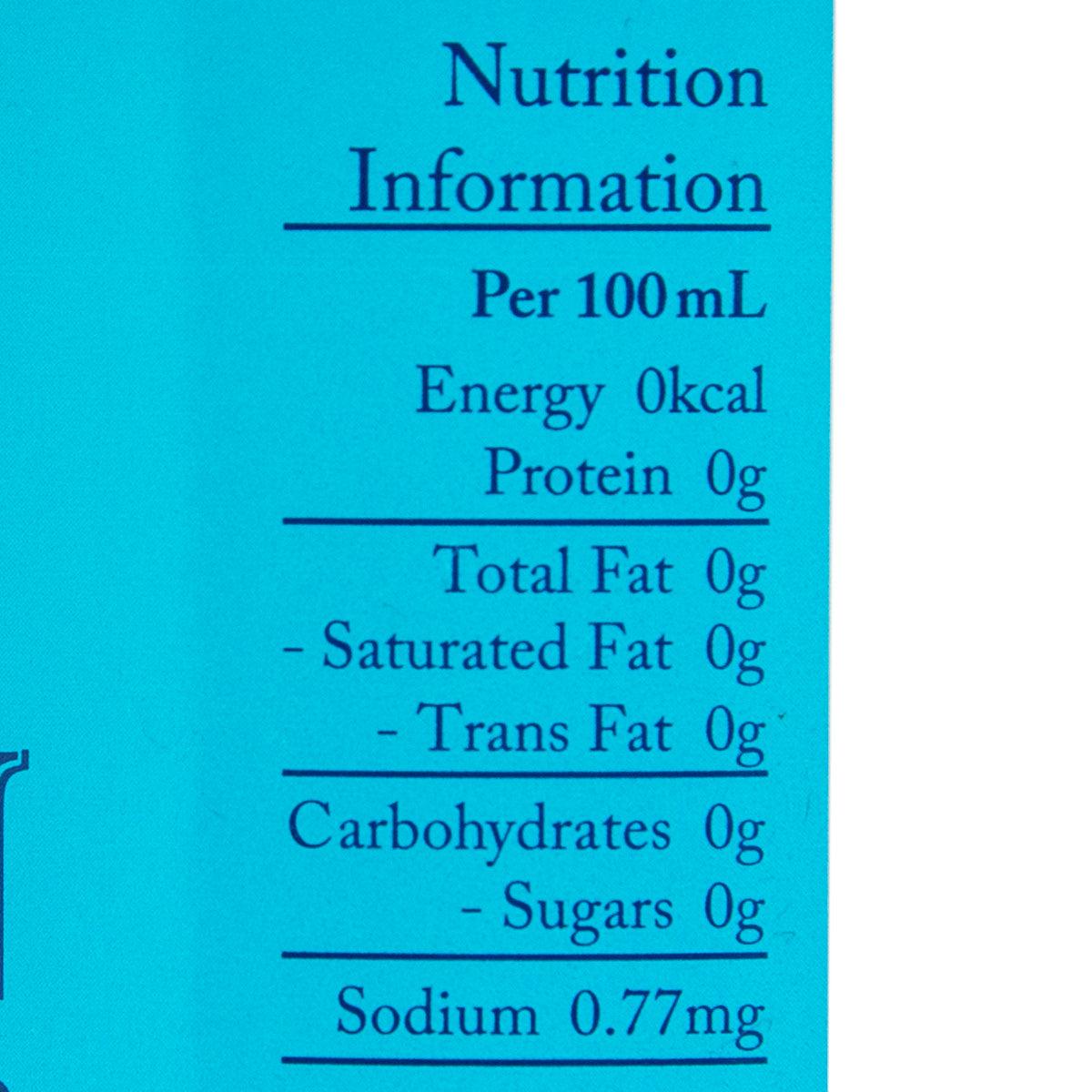 Nutrition information per 100 mL on HILDON mineral water bottle label