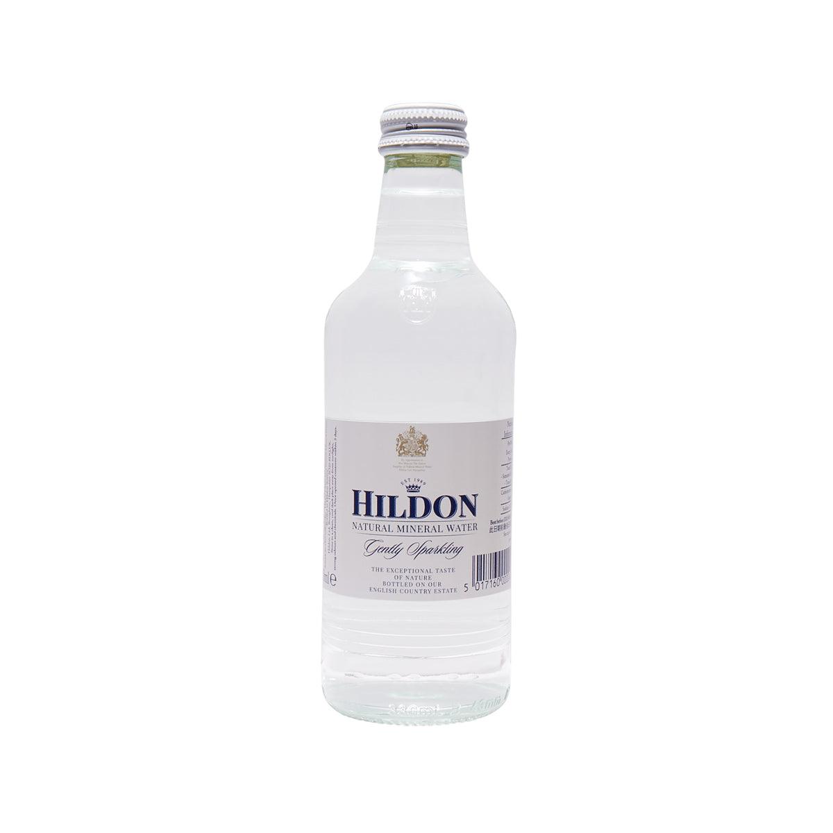 HILDON carbonated natural mineral water 330 mL bottle, clear plastic with silver cap