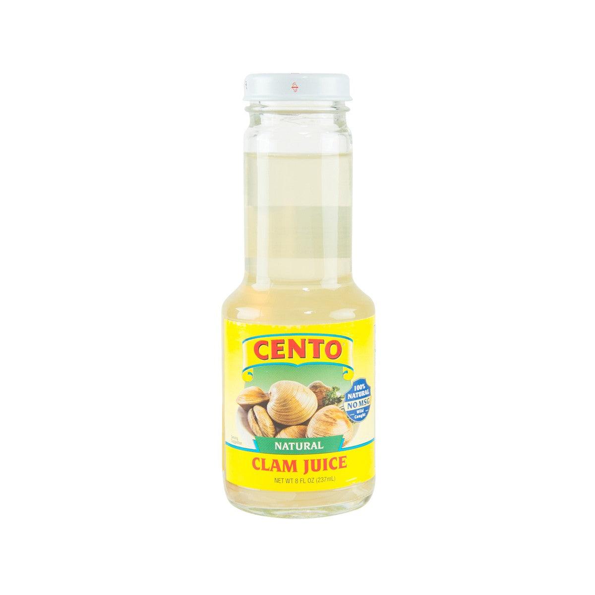 CENTO clam juice bottle with front label, natural claims, 237 mL