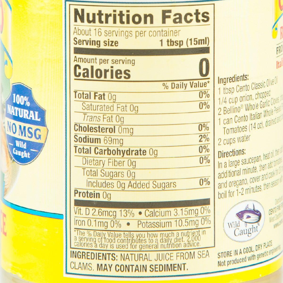 Nutrition Facts panel for CENTO clam juice, ingredients and serving details