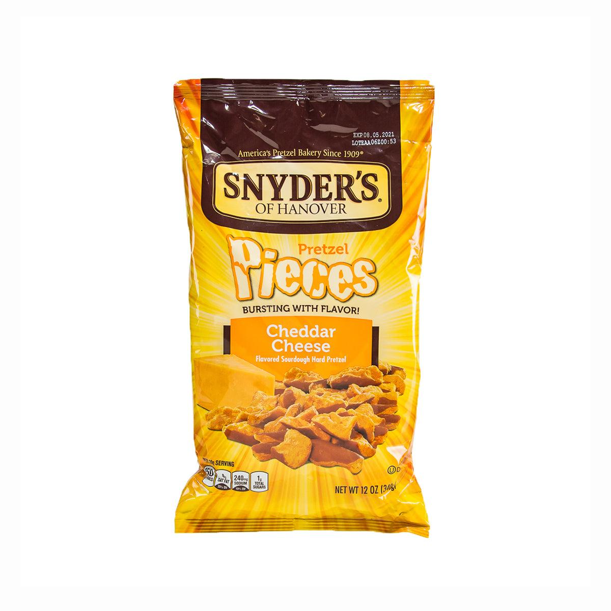 Cheddar cheese pretzel pieces snack bag, yellow packaging with SNYDER'S logo.