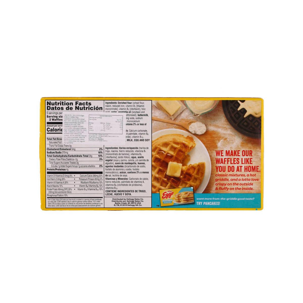 Eggo buttermilk waffles box back with nutrition facts and serving instructions