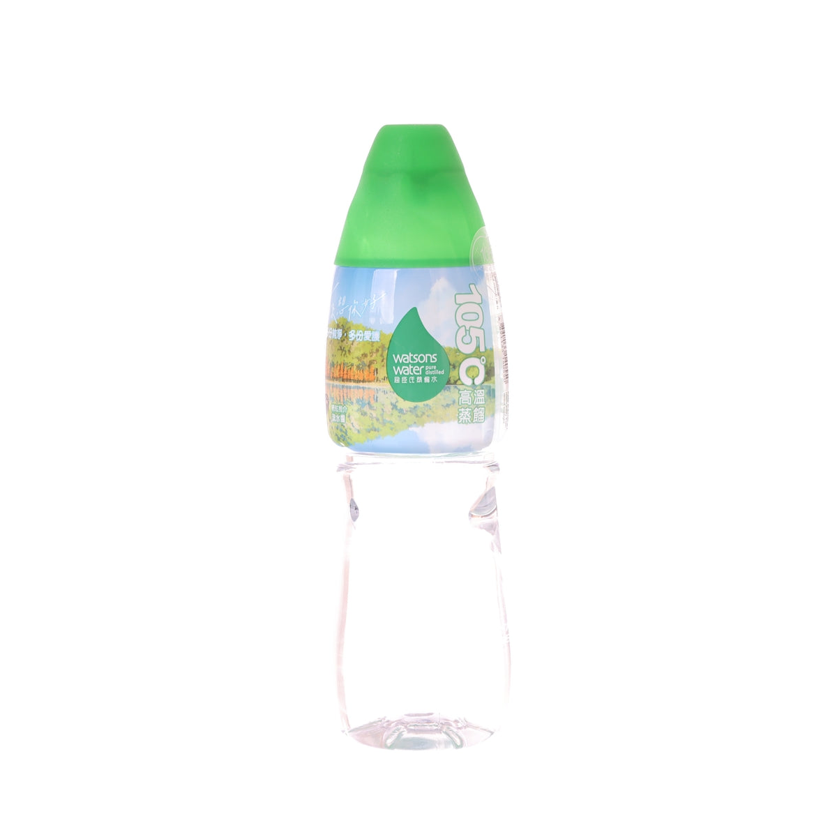 Watson's distilled water PET bottle, green cap, back label with text, 430 mL