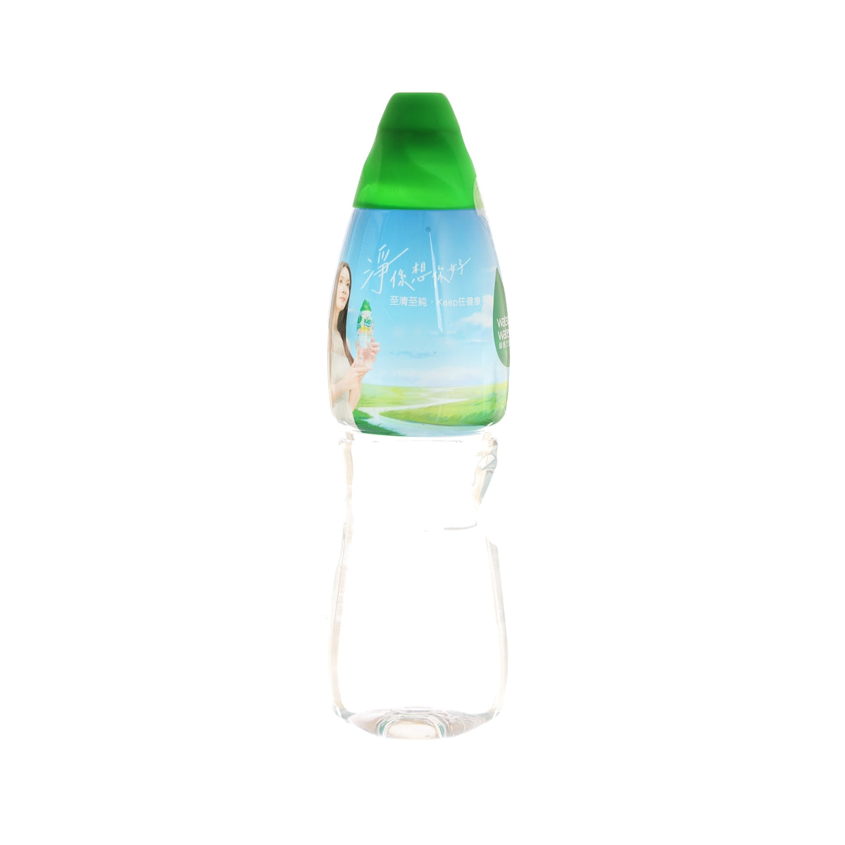 Distilled water PET bottle with green cap and side label, 800 mL
