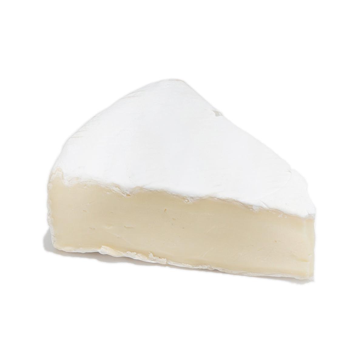 Brie cheese wedge with white rind and pale creamy interior